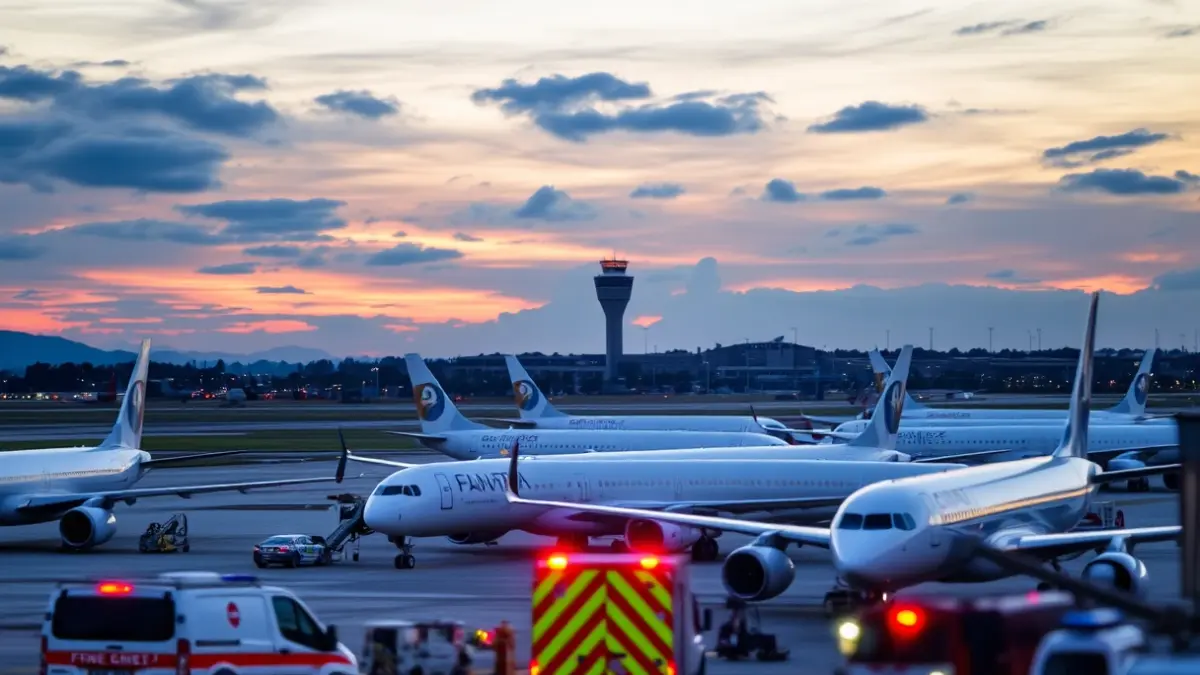 Imagen de aviones en un aeropuerto al atardecer, con vehículos de emergencia borrosos en primer plano.