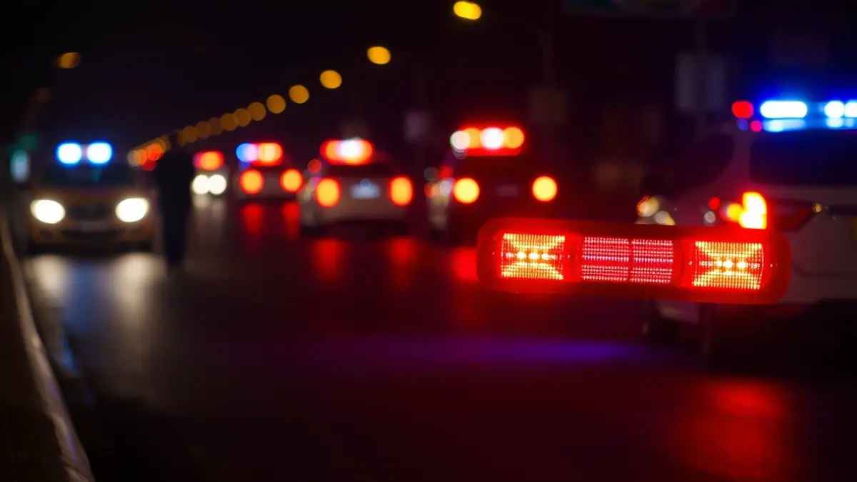 Generic image of emergency lights reflecting on wet asphalt at night.