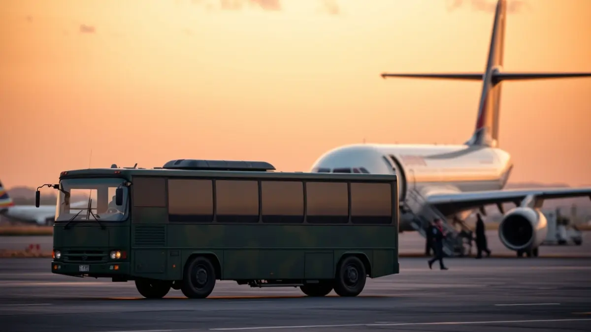 Imagen de un autobús militar en la pista de un aeropuerto, con personas subiendo a un avión al amanecer.