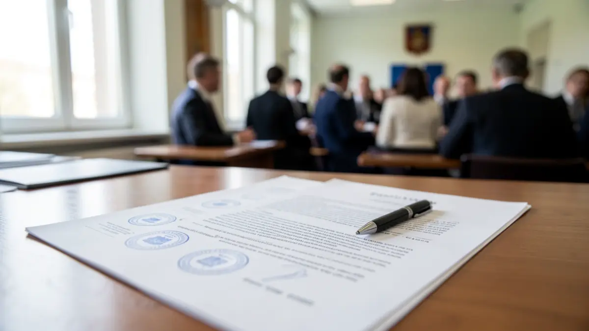 Official documents on a desk in a government office.