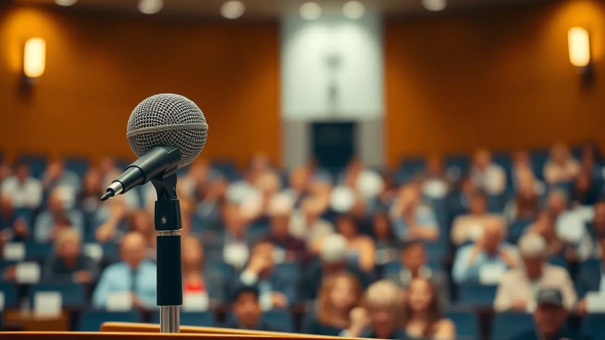 Imagen genérica de un micrófono en un podio en un aula universitaria, simbolizando un acto público o una conferencia.