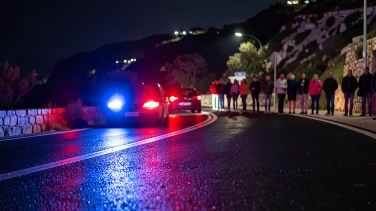 Imagen genérica de luces de emergencia policiales reflejándose en el asfalto mojado por la noche.