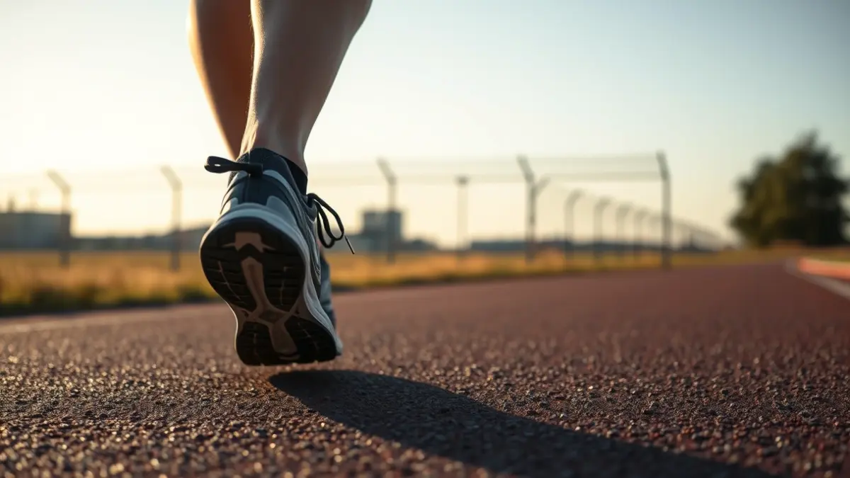 Imagen de unas zapatillas de correr en una pista de atletismo, con el fondo de una base militar.