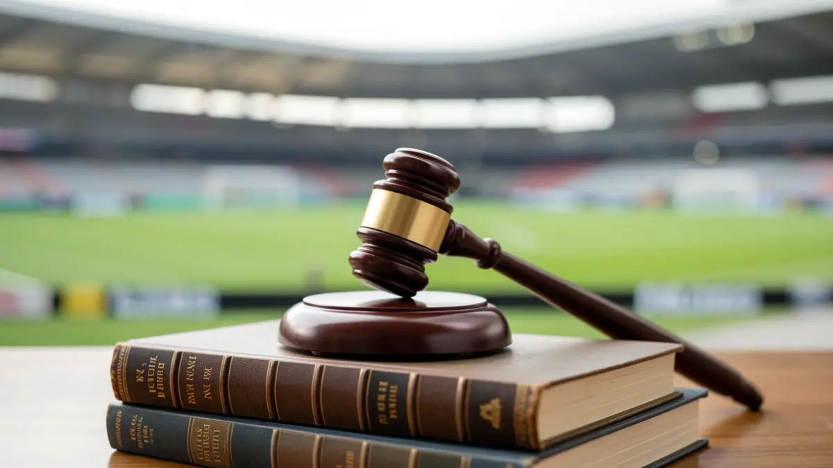 Generic image of a judge's gavel on law books with a blurred sports stadium in the background.