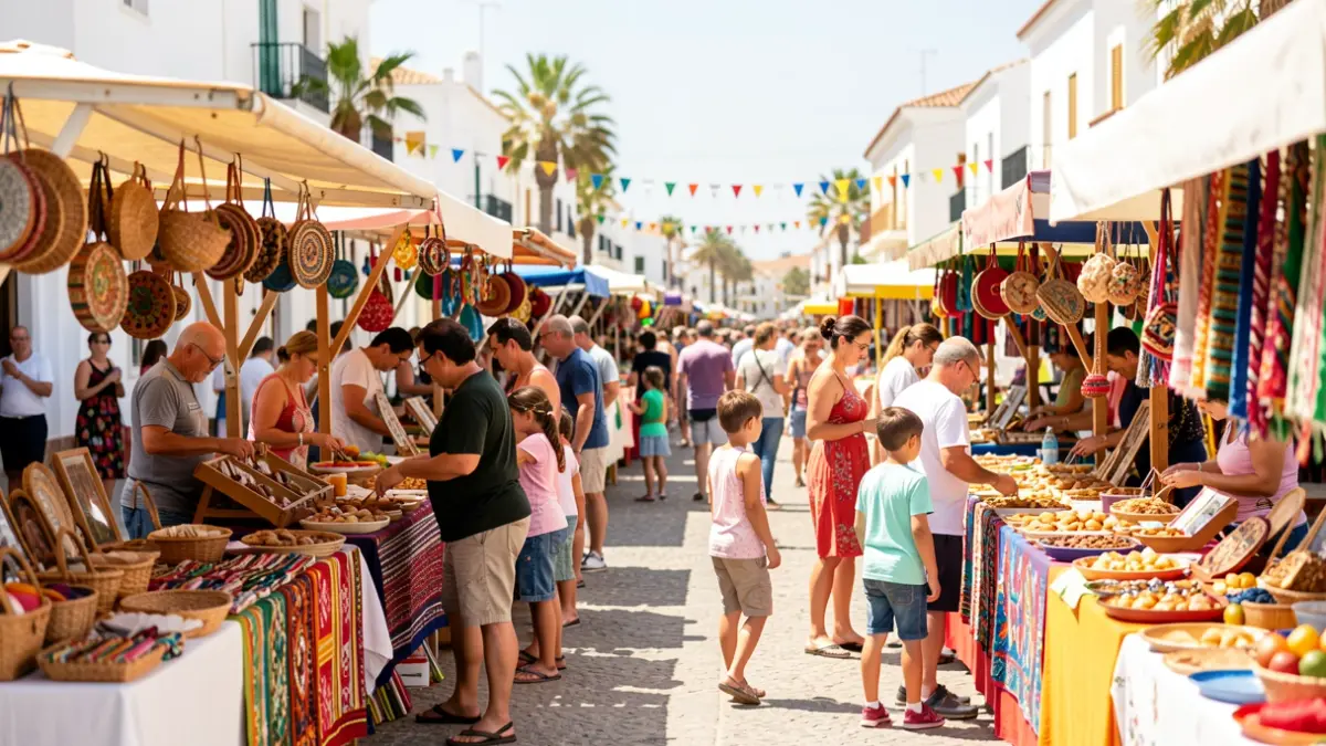 Imagen genérica de una feria de comercio local en Puerto del Rosario con puestos y familias.