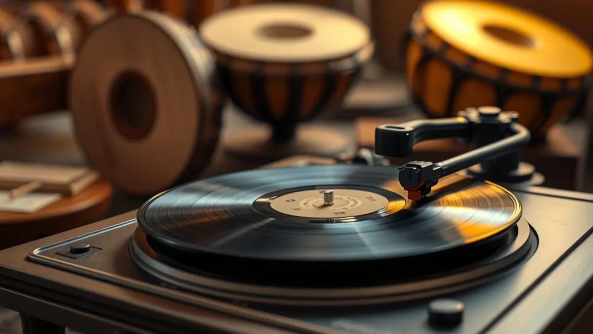 Generic image of a vintage phonograph with a vinyl record and blurred Canarian timples in the background.