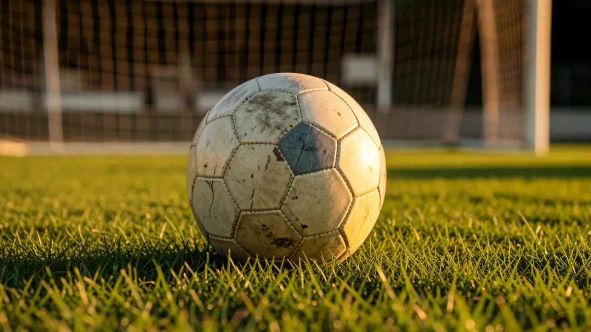 Imagen genérica de un balón de fútbol antiguo sobre césped con una portería desenfocada al fondo.