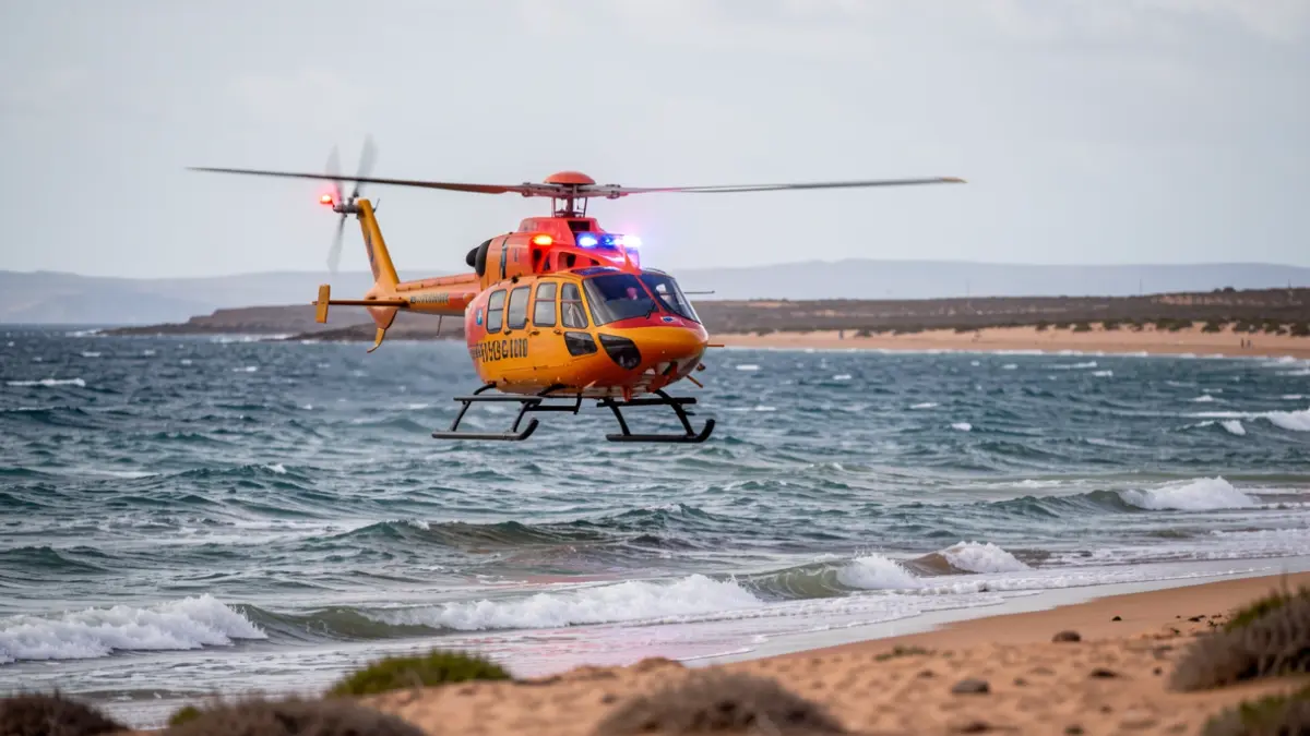 Generic image of a rescue helicopter over the sea near a beach.