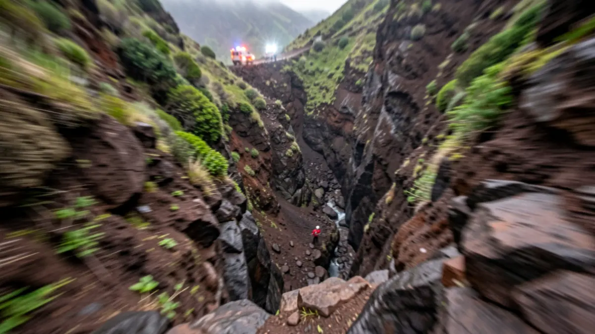 Generic image of a steep ravine in Tenerife with blurred emergency lights.