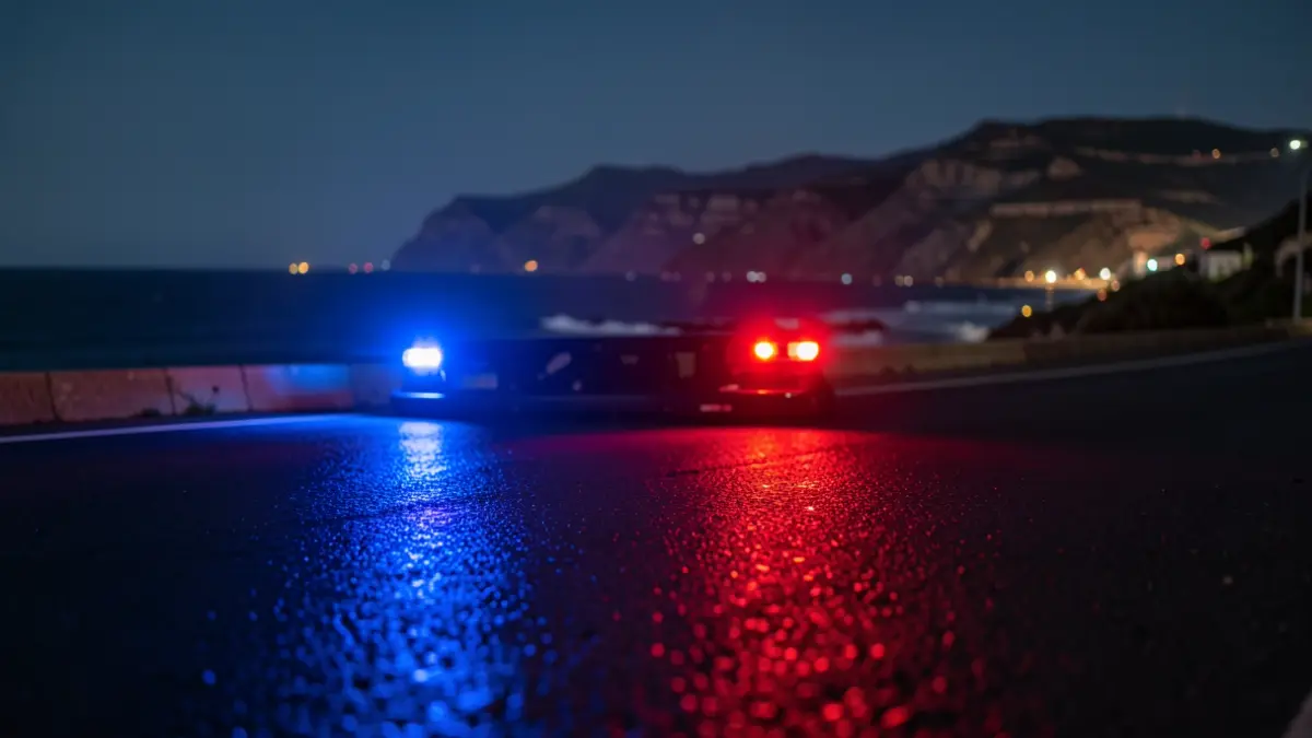 Imagen genérica de luces de emergencia policiales reflejándose en el asfalto mojado cerca de la costa de Tenerife por la noche.