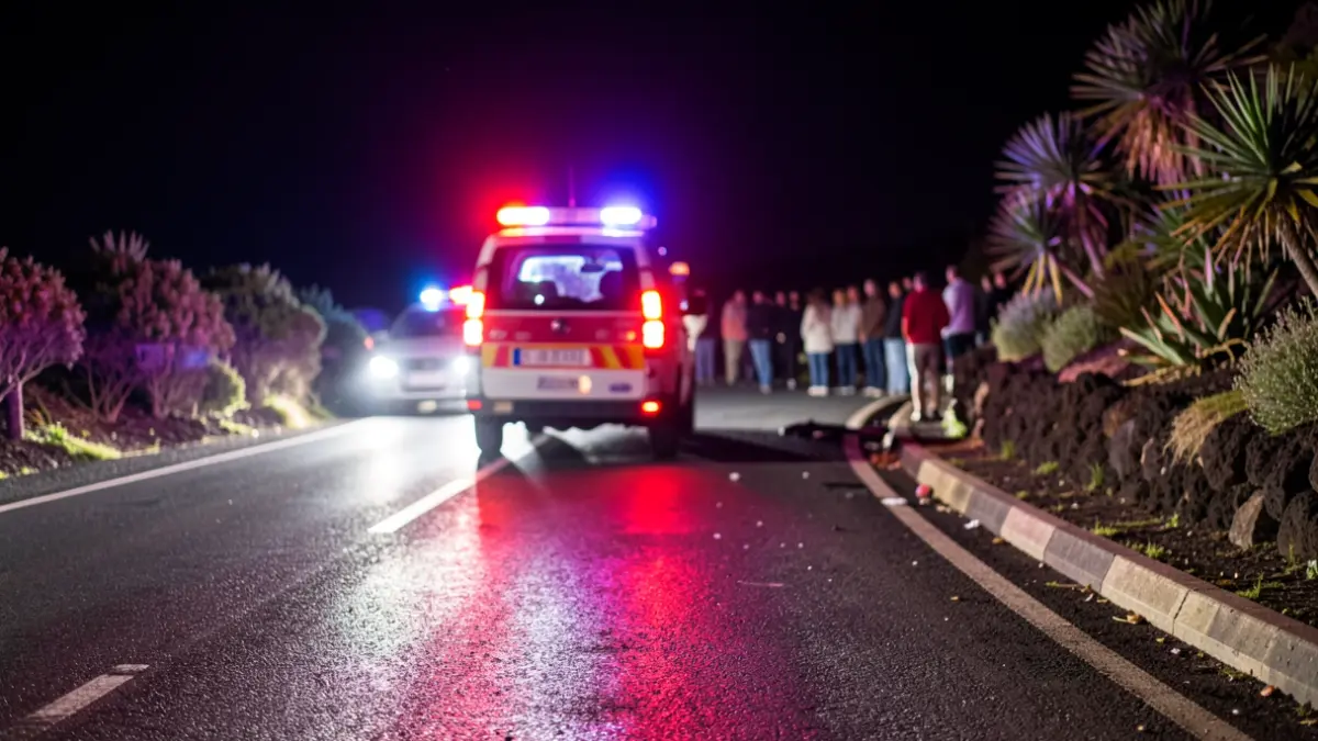 Generic image of emergency lights on a wet road at night.