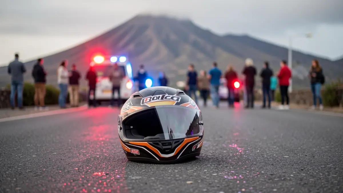 Imagen genérica de un casco de moto en la carretera con luces de emergencia.