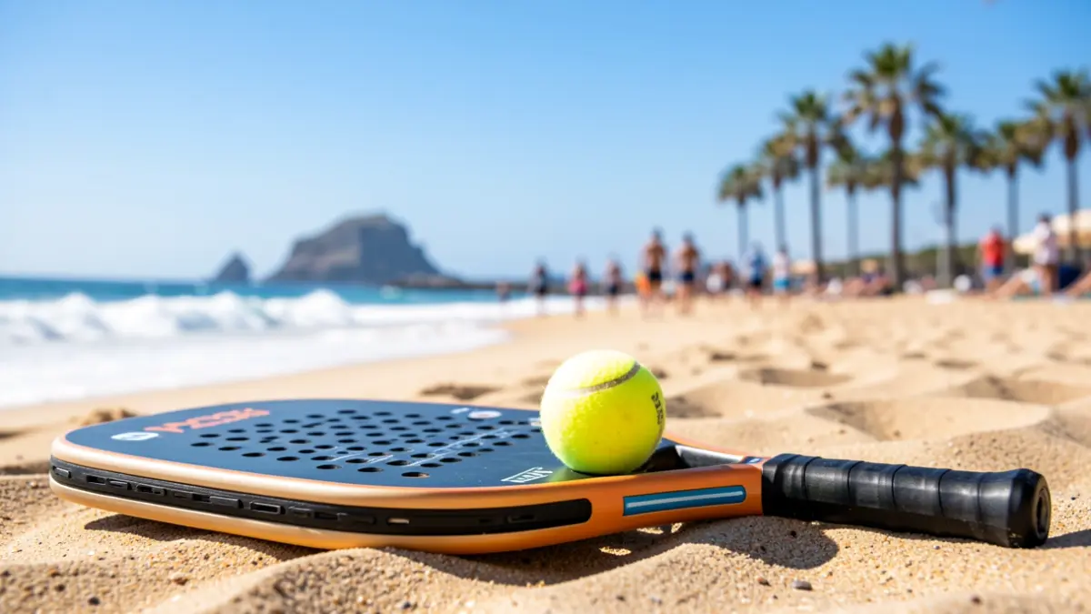 Beach tennis racket and ball on the sand of Las Canteras, Gran Canaria.