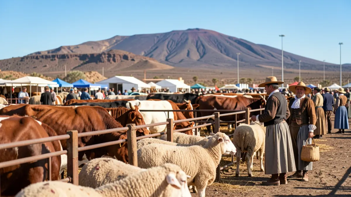 Imagen genérica de la Feria de Ganado de Gran Canaria con animales de granja y el paisaje volcánico.