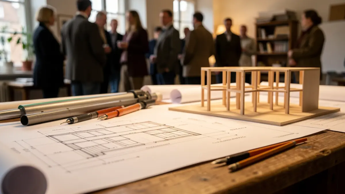 Primer plano de planos arquitectónicos y bocetos sobre una mesa de madera con herramientas de dibujo y una maqueta.