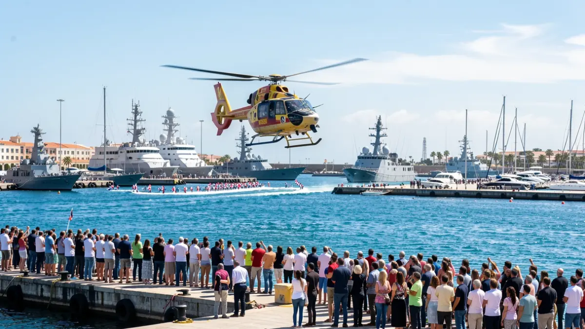 Imagen de un helicóptero de rescate y una parada náutica durante la Feria Internacional del Mar en Las Palmas.