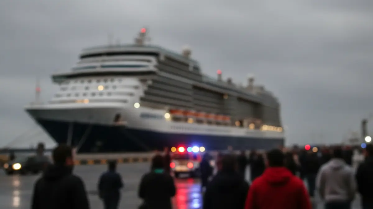 Image of a cruise ship docked in a Tenerife port with emergency lights, representing the evacuation operation.