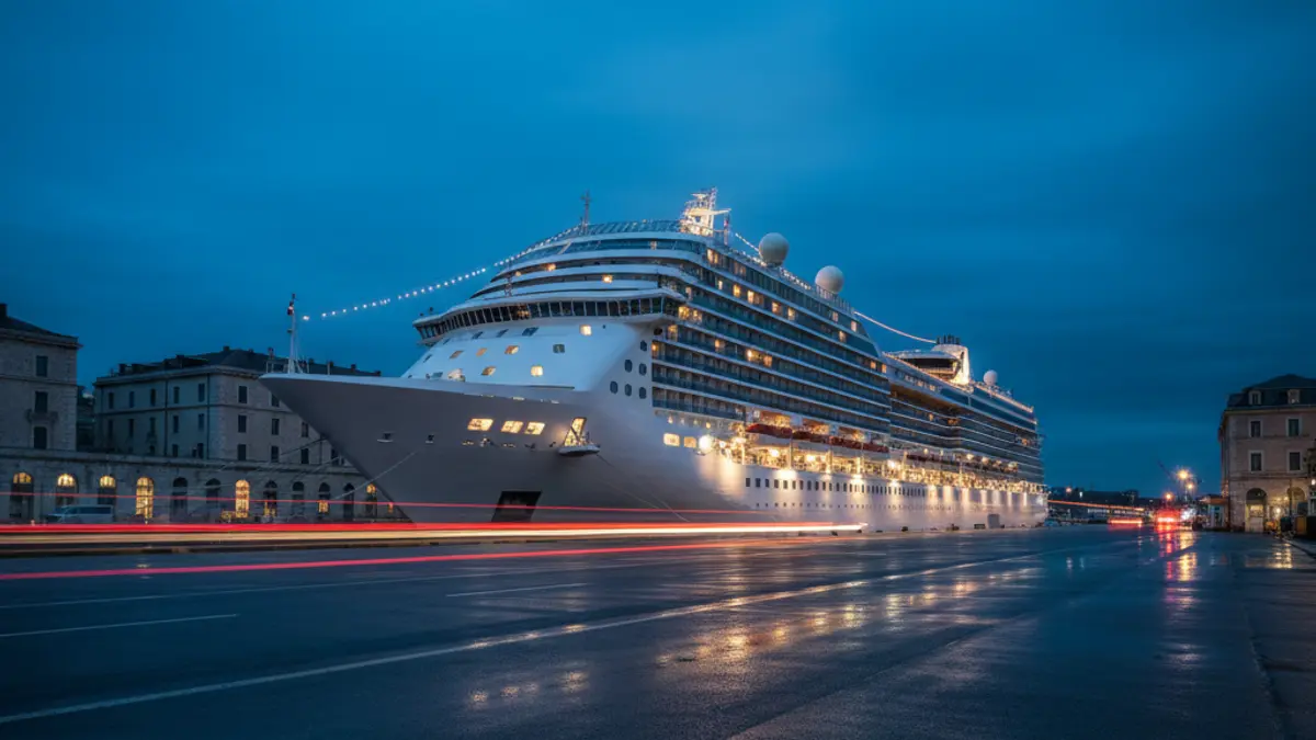 Image of a cruise ship docked at a port at dusk, with blurred emergency lights on the pier.