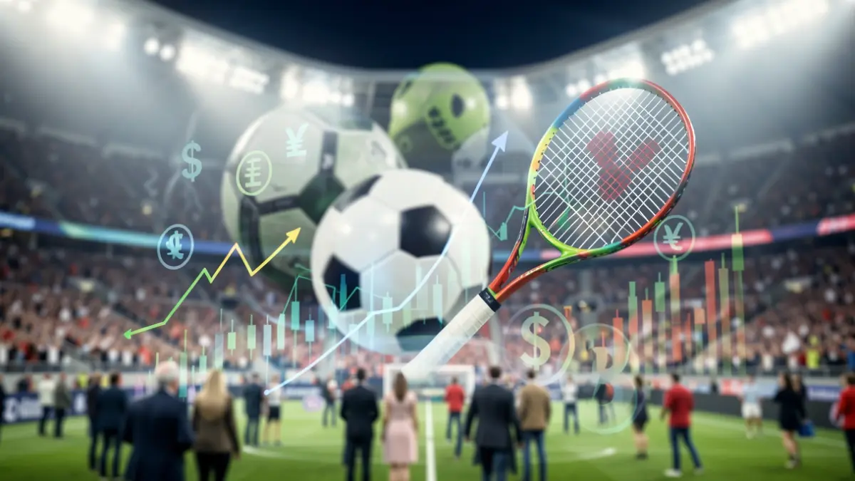 Generic image of financial investment in sports, featuring sports equipment and financial graphics.