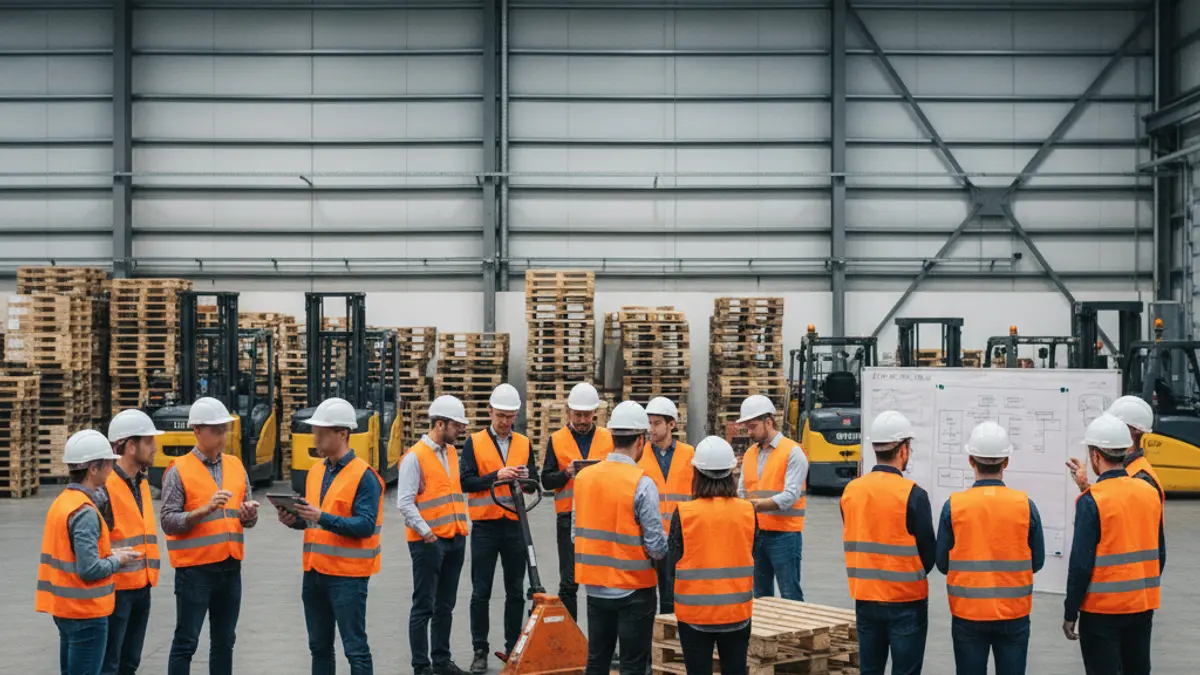 Jóvenes migrantes recibiendo formación en logística en un almacén.