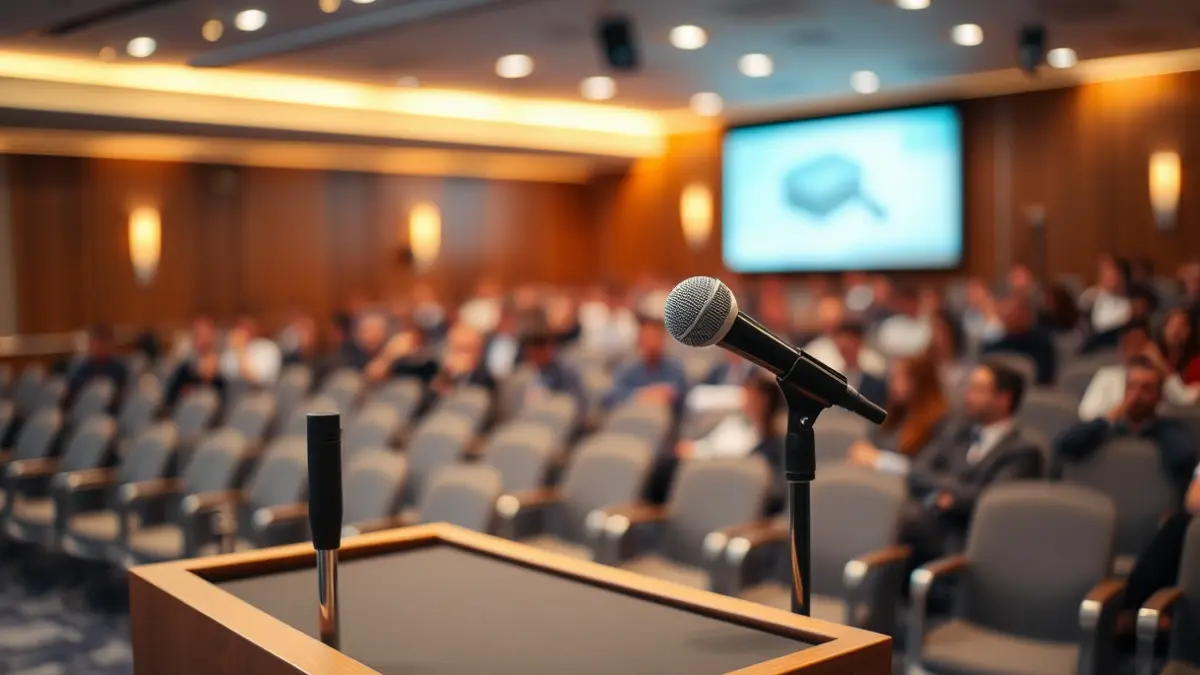 Imagen genérica de un micrófono en un podio en una sala de conferencias.