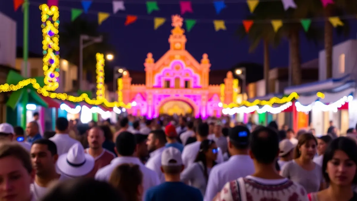 Imagen de un festival cultural en Fuerteventura con gente y luces.