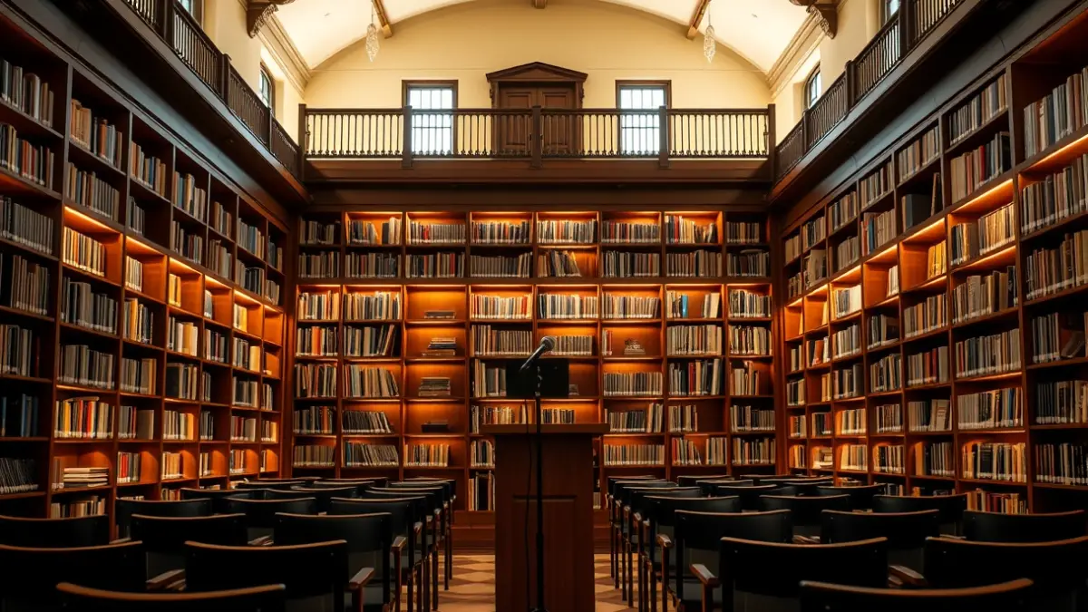 Generic image of a library or conference room interior with a podium and empty chairs, warmly lit.