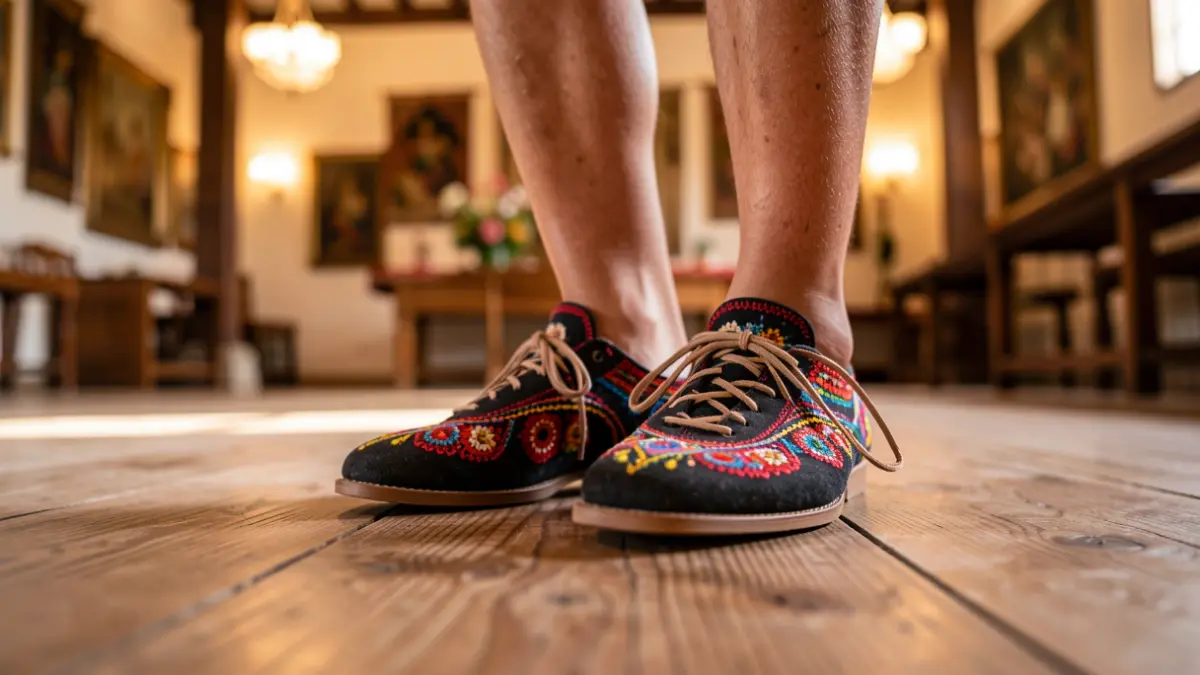 Close-up of traditional Canarian folk dance footwear on a wooden floor.
