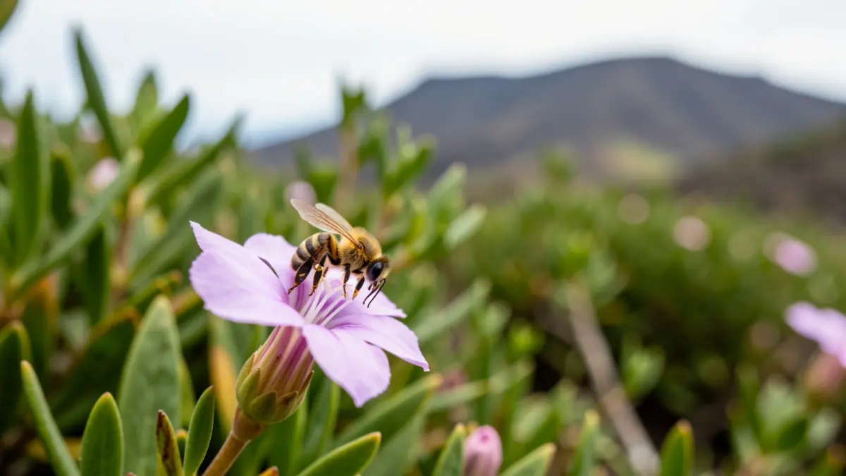 Close-up of a bee on a flower in Fuerteventura, with a volcanic landscape in the background.