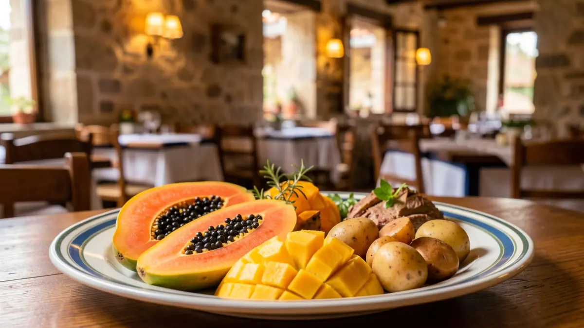 Plato de comida tradicional canaria con ingredientes locales frescos.