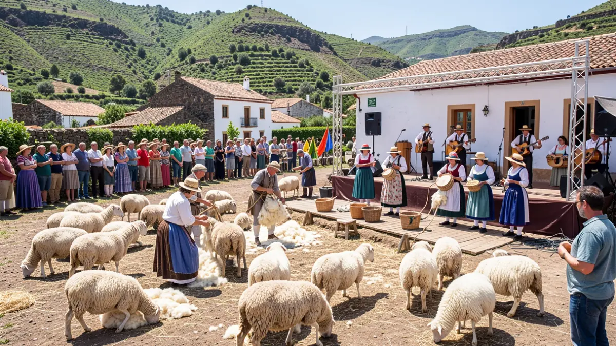 Image of the Fiesta de la Lana in Gáldar, featuring sheep, artisans, and folk music.