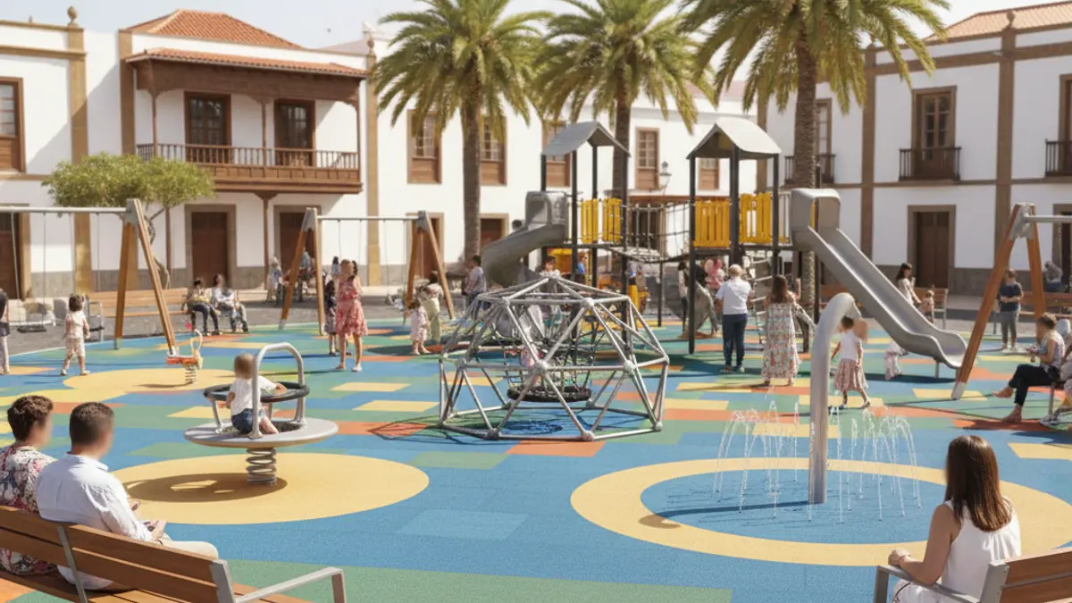 Imagen de un parque infantil recién reformado en Gáldar, con juegos modernos y suelo de goma.