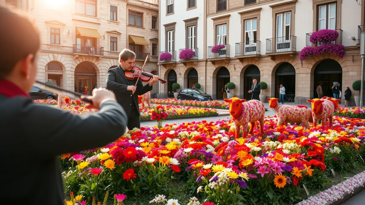 Image of the 'Gáldar en Flor' floral exhibition with decorative figures and a violinist.