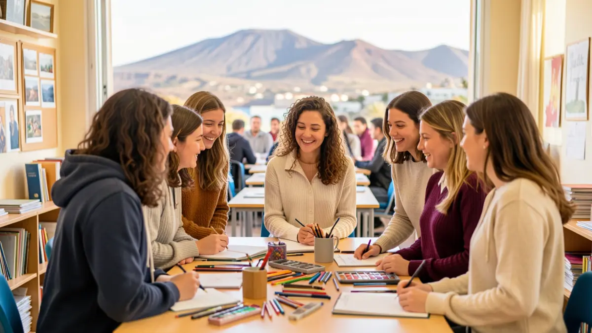 Imagen genérica de estudiantes y profesor en un aula con paisaje volcánico al fondo.