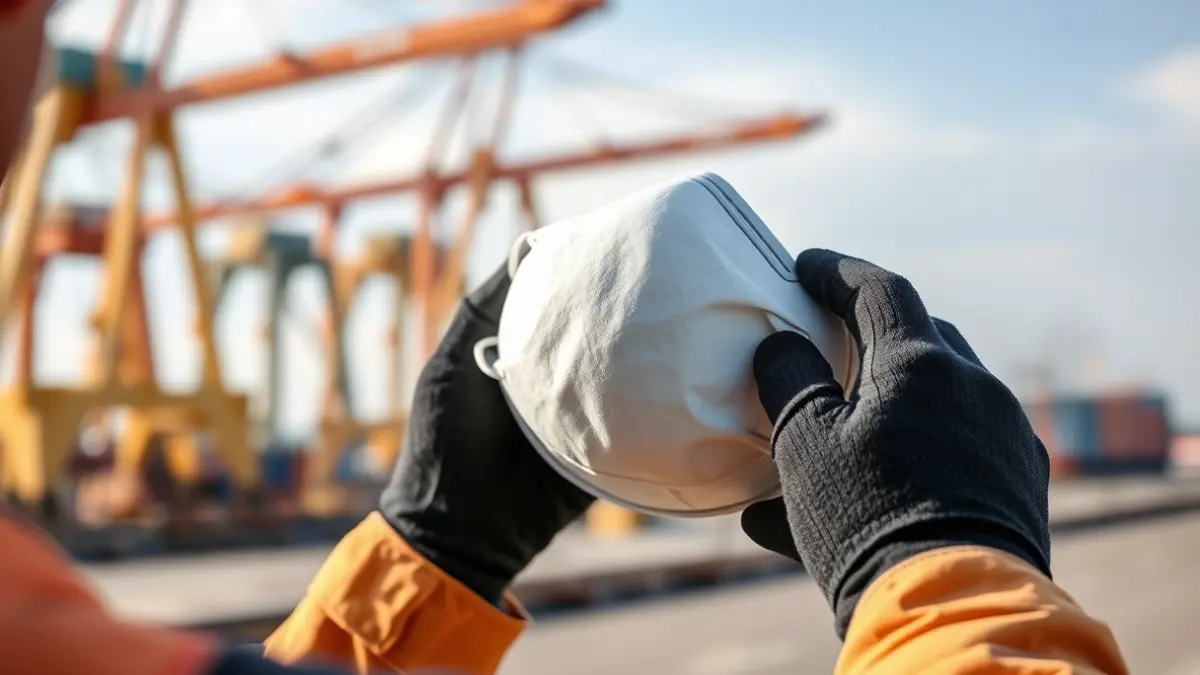 Port worker wearing personal protective equipment (PPE) at Granadilla Port.