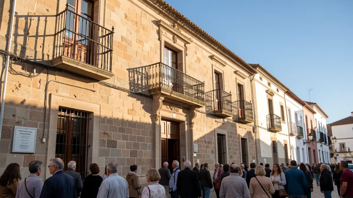 Facade of a traditional Canarian town hall with a balcony and iron railings, under the afternoon sunlight.