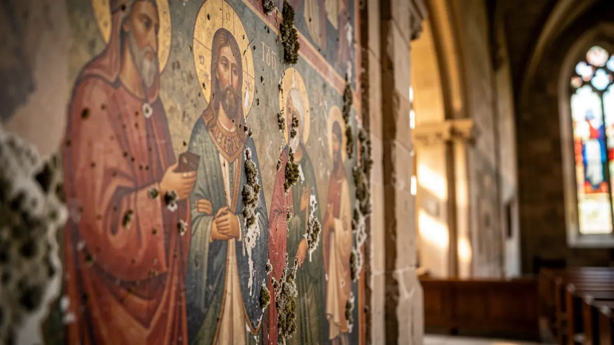 Detalle de un mural histórico con daños por humedad y hongos en el interior de una ermita.