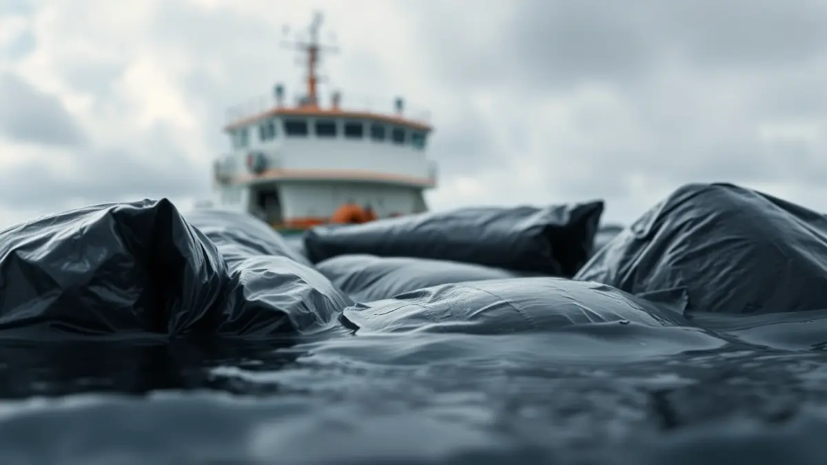 Image of seized drug packages floating in the sea, with a ship in the background.