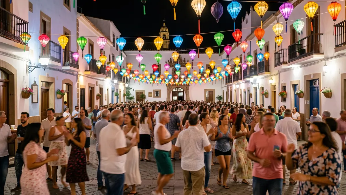 Imagen genérica de una plaza canaria abarrotada y decorada con farolillos durante una fiesta nocturna.