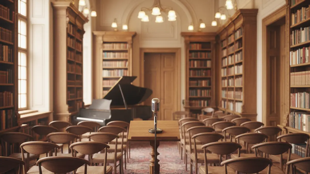 Imagen genérica de un escenario íntimo para un concierto de música clásica, con un micrófono y sillas vacías.