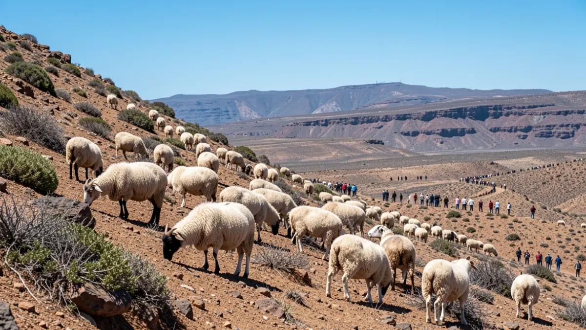 Rebaño de ovejas y cabras pastando en una ladera de Gran Canaria como medida preventiva contra incendios.
