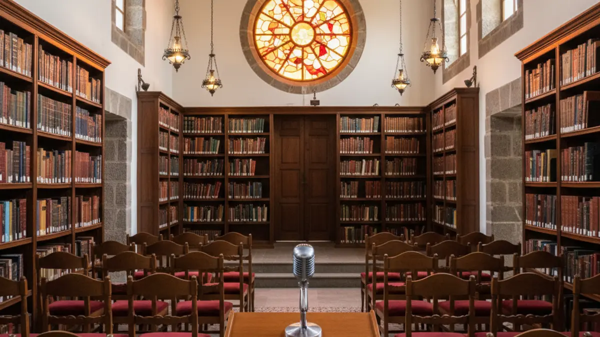 Generic image of a museum or library interior with a podium and chairs, warmly lit.