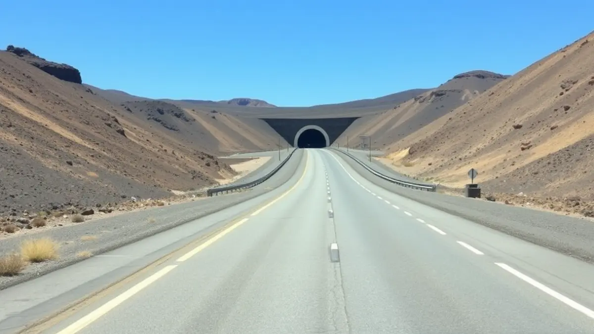 Image of a modern highway in Gran Canaria, with a tunnel and volcanic landscape in the background.