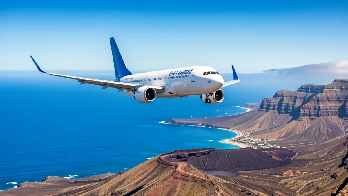 Avión sobrevolando el paisaje volcánico de Gran Canaria, simbolizando la nueva conexión aérea con Norteamérica.