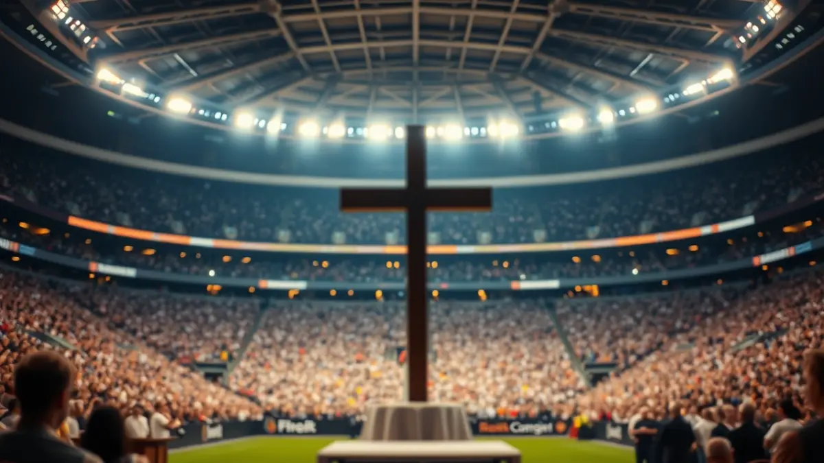 Image of a football stadium with a crowd, an altar, and a wooden cross on the field.
