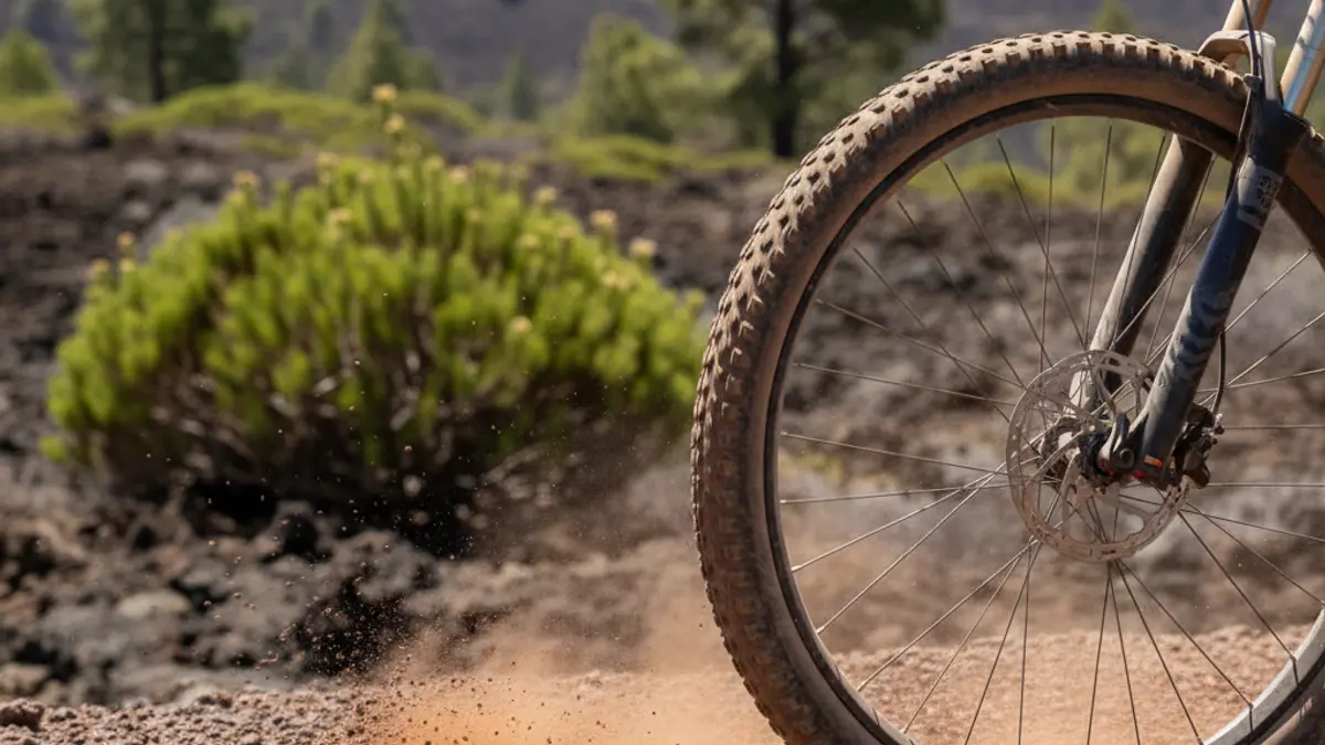 Image of a mountain bike wheel on a dusty trail in Gran Canaria.