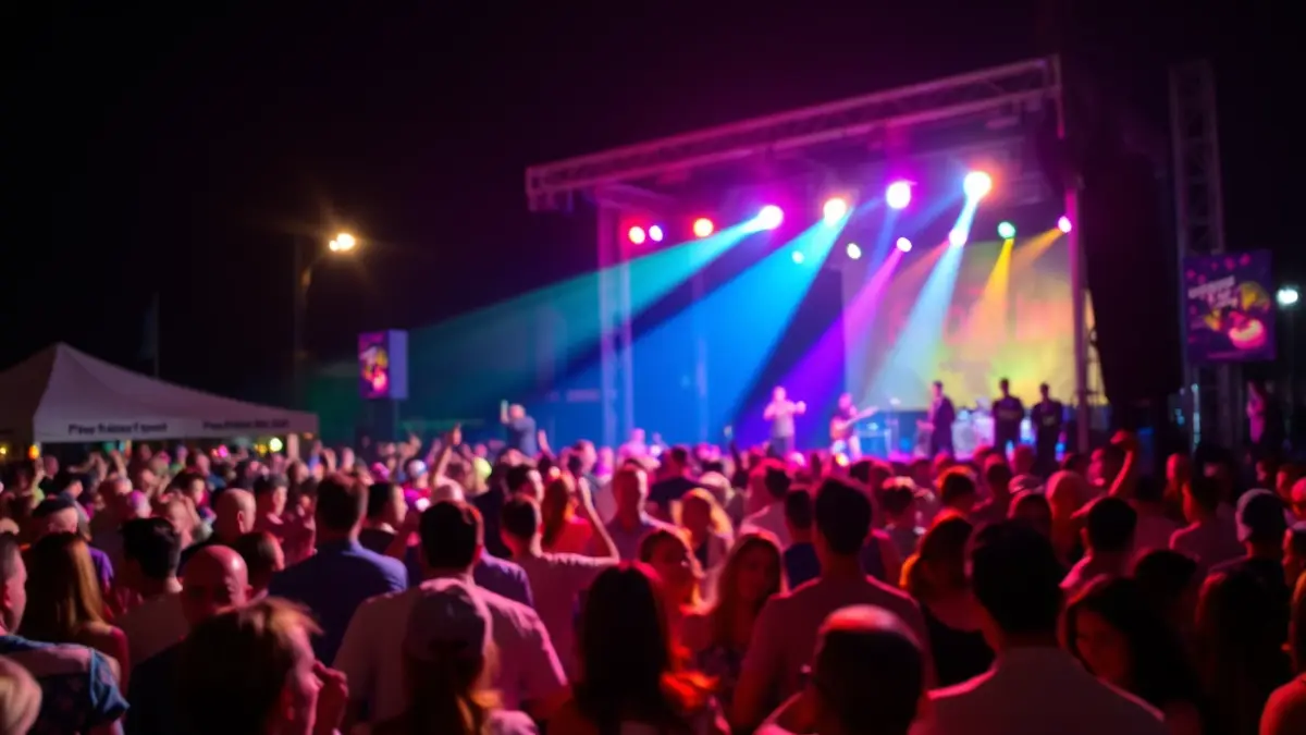 Imagen genérica de un concierto al aire libre con una multitud bailando bajo luces de escenario.