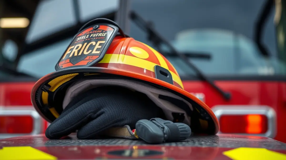 Imagen genérica de equipo de bombero, casco y guantes sobre un camión de bomberos.