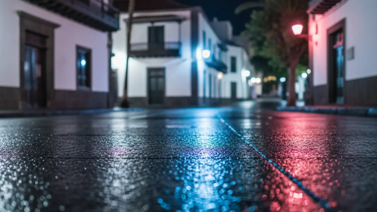 Imagen genérica de luces de emergencia reflejadas en el asfalto mojado por la noche.