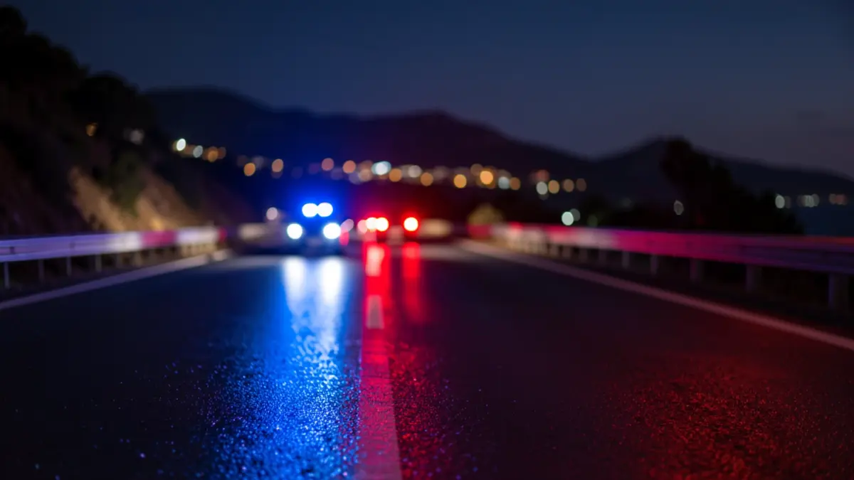 Generic image of police emergency lights reflecting on wet asphalt at night.